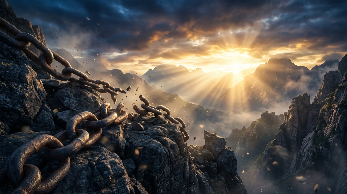 Broken chains on mountain rocks